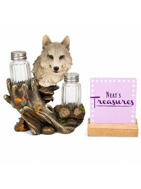DWK 2011 Animal  Gray Wolf Leaves  Resin Holder w Salt And Pepper Shaker Set 3